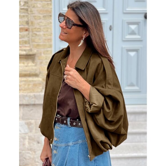 Women's Faux Suede Bomber Jacket Oversized Long Sleeve Zip Up Cropped Brown - Picture 3 of 5